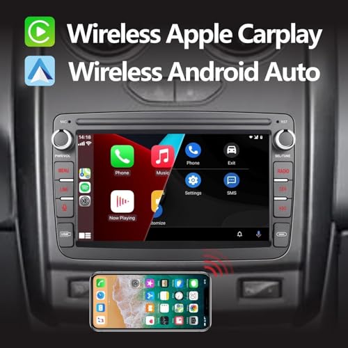 LXKLSZ Car Radio Compatible with CarPlay Wireless/Android Auto for Renault Dacia Duster Sandero Logan Captur Symbol Dokker with Touch Screen IPS/Bluetooth/Mirror Link/FM/AM/USB
