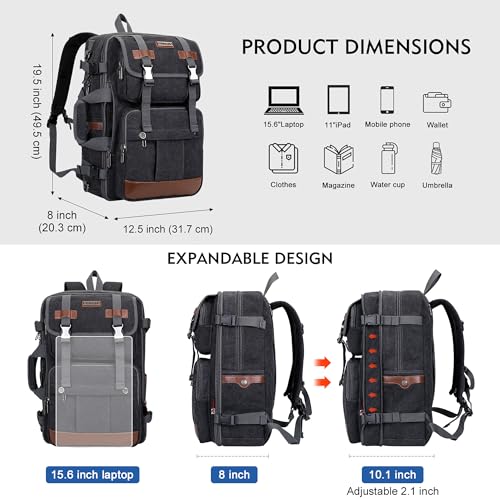WITZMAN Canvas Travel Backpack for Men Large Laptop Backpack Fit 17 inch Carry-on Airline Approved Convertible Shoulder Rucksack(A6617-3 Black)