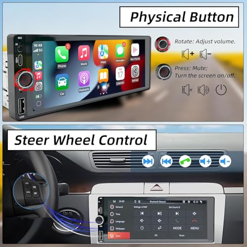 1 DIN Stereo with Screen, 6.86 Inch Touchscreen Car Radio Carplay 1 Din, Car Play Radio Supports Mirror Link with Rear Camera, Support Type-C Charging/USB/Mic/EQ/SWC