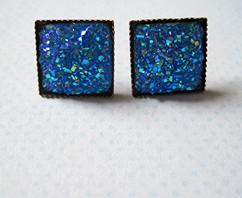 Blue Geometric Square Shaped Flat Faux Druzy Stud Earrings 12mm Statement Antiqued Gold-tone
