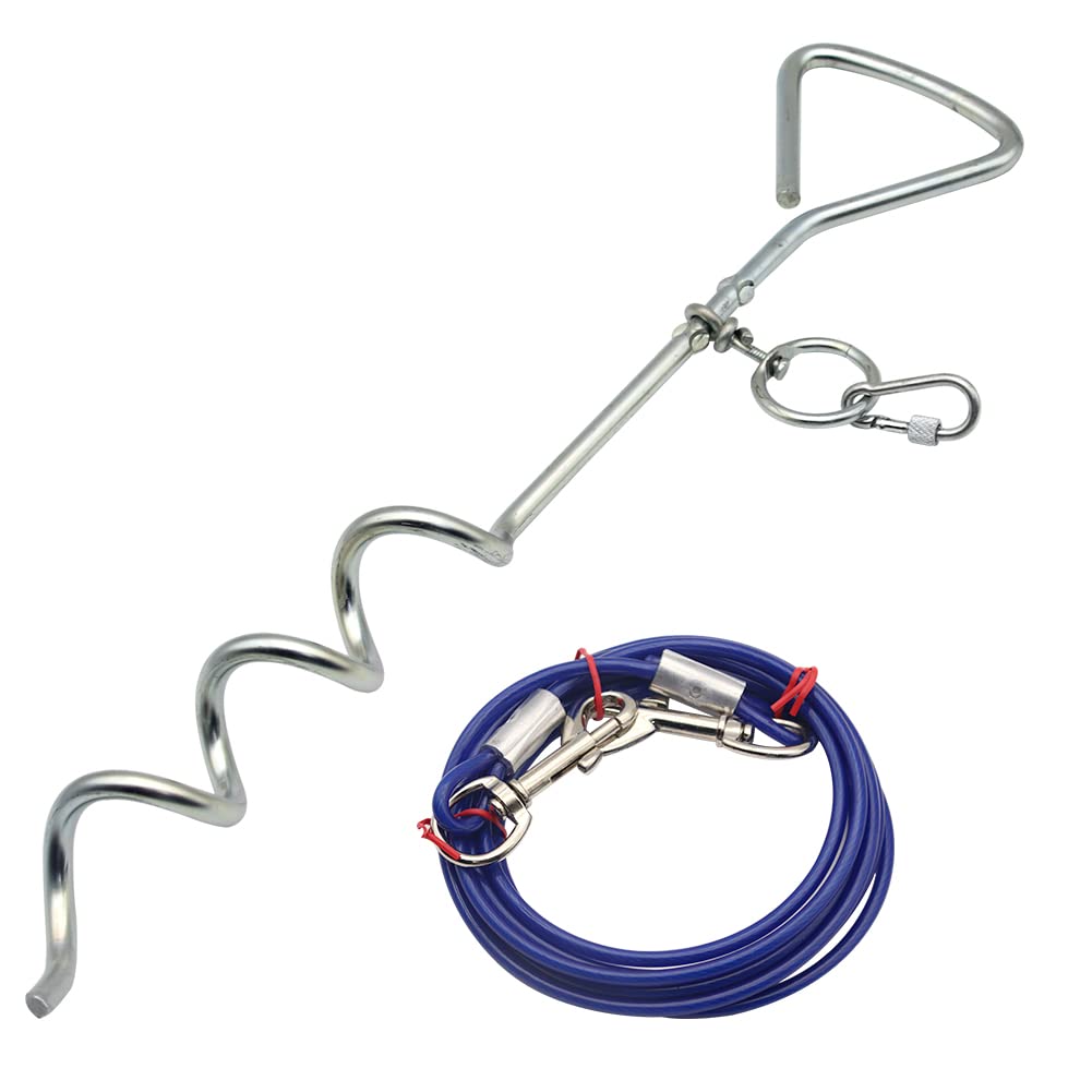3 Metre Dog Chains Dog Tie Out Cable Spike Stake, Dog Outdoor Lead Leash, Heavy Duty Steel Spiral Ground Dog Tether (Blue)