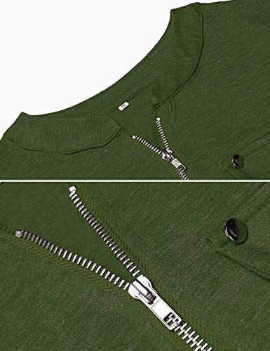 Womens V Neck 3/4 Long Sleeve Zipper Shirts Casual Swing Tunic Tops Blouse (S, Army Green)