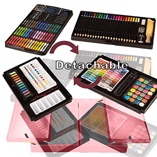 KINSPORY Art Supplies, 168-Pack Deluxe Wooden Art Set Crafts Drawing Painting Coloring Kit, Coloring Book, Sketch Pads Creative Gift Box for Adults Artist Beginners Kids Girls Boys (Pink)