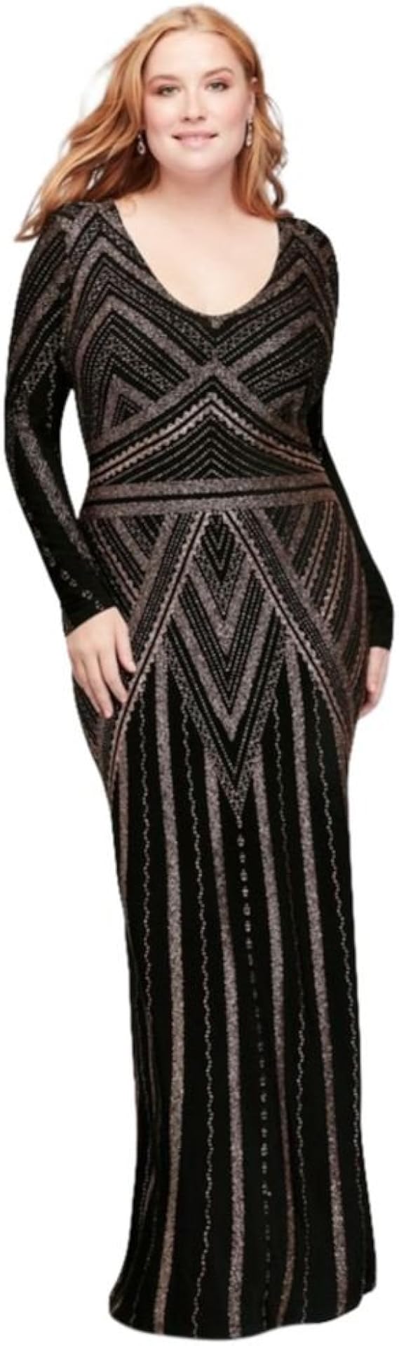 long sleeve glitter print sheath gown