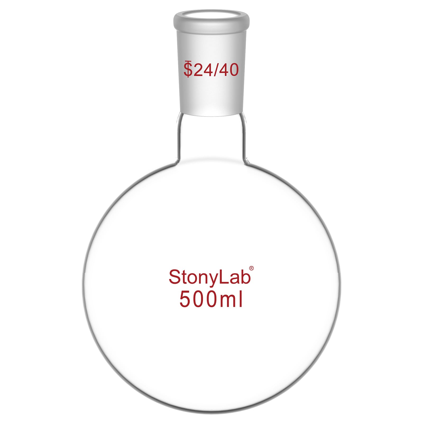 StonyLab Glass 500 ml Short Neck Round Bottom Flask, Borosilicate Glass Single Neck Heavy Wall Flask RBF with 24/40 Standard Taper Outer Joint, 500 ml
