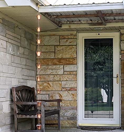 Marrgon Copper Rain Chain - Decorative Chimes & Cups Replace Gutter Downspout & Divert Water Away from Home for Stunning Fountain Display - 8.5' Long for Universal Fit - Bell Style