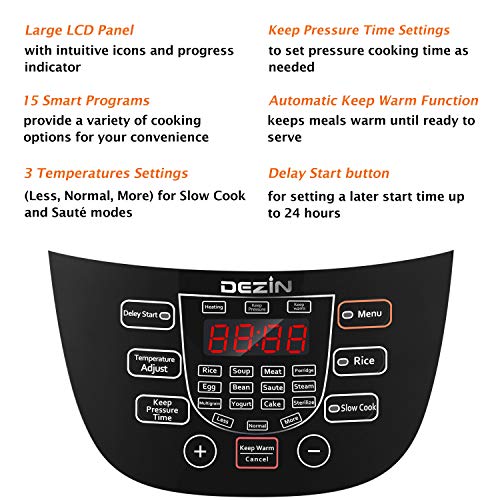 Dezin Electric Pressure Cooker 6 Qt 10-in-1 Programmable Pressure Cooker, Slow Cooker, Rice Cooker, Sauté, Yogurt, Cakes, Hot Pot, Steamer, Warmer, and Sterilizer with Stainless Steel Pot, Steam Rack - Thumbnail 3