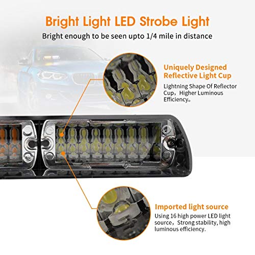 FOXCID LED Law Enforcement Emergency Hazard Warning Strobe Flashing Lights 16 LED High Intensity 18 Modes for Interior Roof Dash Windshield with Suction Cups (White & Amber)