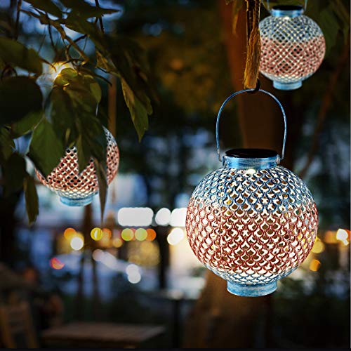 Solar Lanterns Outdoor Hanging Solar Lights with Handle Retro Waterproof Solar Garden Lantern Decor for Yard Tree Fence Patio, Blue and Brown