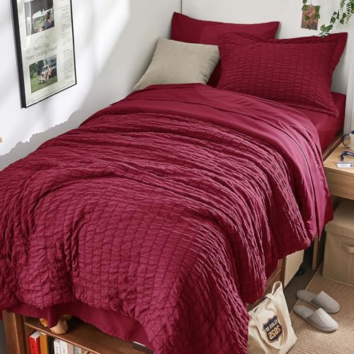 HYMOKEGE Burgundy Twin Comforter Set Seersucker