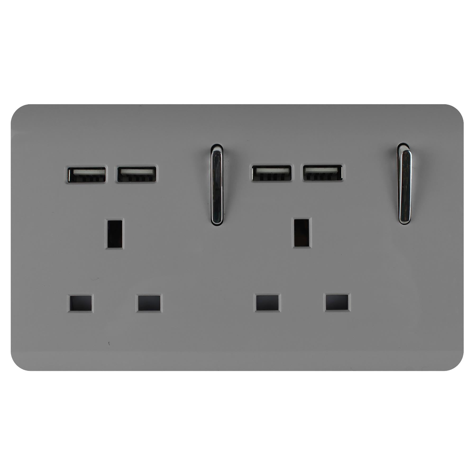 Trendi 2 Gang Artistic Modern Glossy Screwless Raised 13 Amp 240v Short 4 USB Type A Charging Points Double Chrome Switched Electrical Wall Plug Socket Light Grey - ART-SKT213USBLG