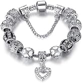 Savlano Silver Tone Charm Bracelet with Crystal and Murano Glass Beads Snake Chain for Women Comes in a Gift Box