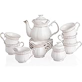 Sweejar 21 Pieces Porcelain Tea Set, Vintage Gold Trimmed Teapot Cup and Saucer Set, Tea Cup for Loose Tea, Sugar Bowl and Creamer Pitcher with Spoons, Service for 6(Elegant White)