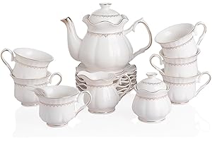 Sweejar 21 Pcs Porcelain Tea Set with Gold Trim, Delicate 6 Oz Tea Cup and Saucer Set of 6, Luxury British Style Tea Pot, Cer