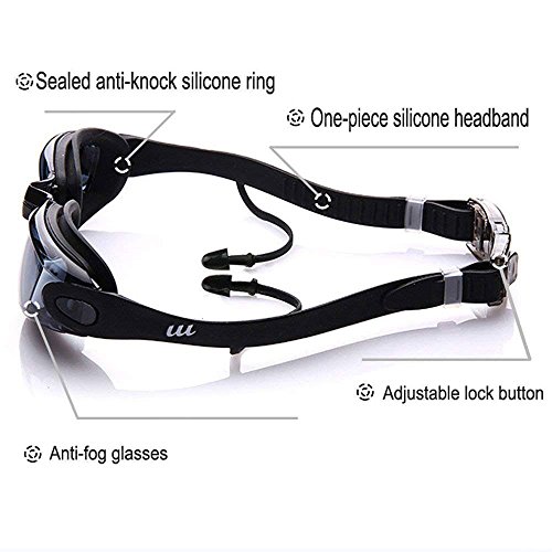 Linwnil Swim Goggles,Swimming Goggles with Mirror Lens for Men Women Adult Youth Kids Girls Anti Fog No Leaking with Earplugs,Nose Clips, and Case (Black/1Pack) - Thumbnail 2