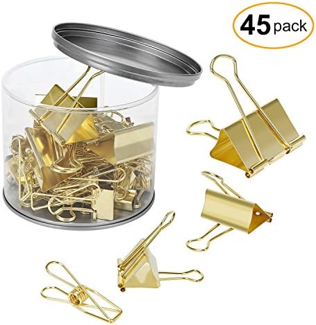 CRUODA Heavy Duty Binder Clips, Gold, Assorted Sizes, 45 Clips in Tub