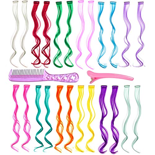 Colorful Hair Extensions Clip in Rainbow Hairpiece 24 Pieces Party Highlight Synthetic Straight Long Hair Accessories For Kids Girl Women Doll Colored Wig 22 Inches (Curly 24 Pcs)