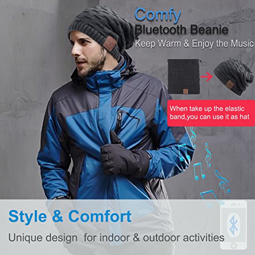 Rotibox 2IN1 Washable Winter Mens Womens Trendy Bluetooth Beanie Hat Scarf Wireless Stereo Headphones Mic Hands Free Rechargeable Battery Compatible with Cell Phones,iPhone,Android,Laptops - Black - Thumbnail 2