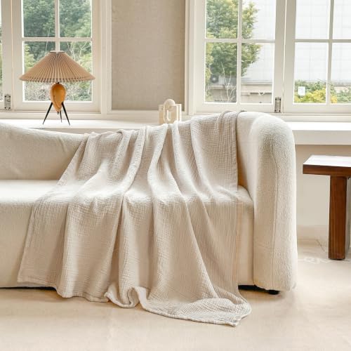 Simple&Opulence Cotton Muslin Throw Blanket for Bed Couch Sofa 4-Layer Gauze Blankets Reversible Soft Lightweight Breathable Home Décor for All-Season 50x60”, Beige