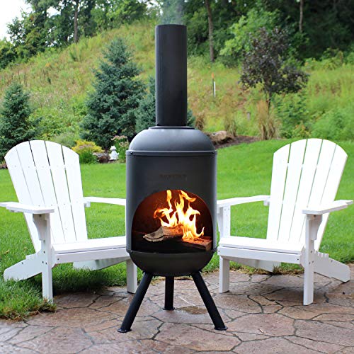 Sunnydaze Modern Chiminea - Steel Outdoor Wood-Burning Fire Pit - Large 5-Foot Black Fireplace - Durable Wood Grate - Quick & Easy Assembly - Perfect for Patio, Deck or Backyard Use