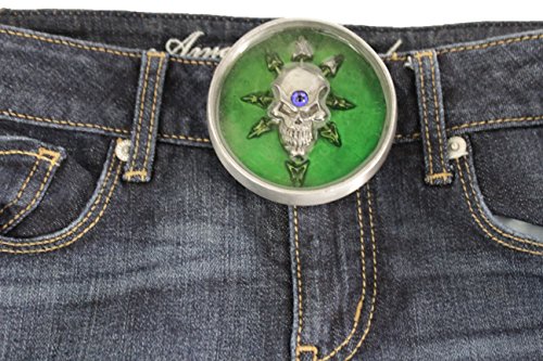 TFJ Men Women Gothic Belt Buckle Punk Biker Silver Metal Compass Skeleton Skull Green