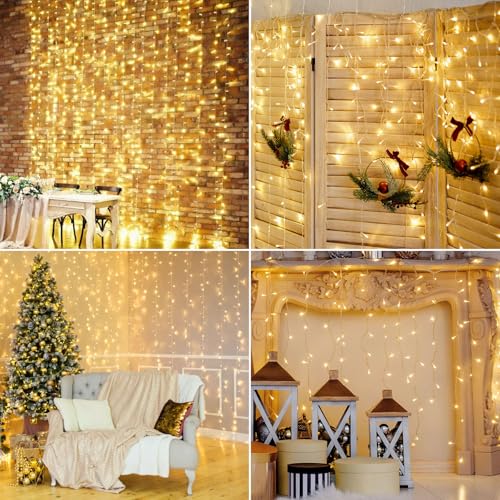 A.bigwhale Curtain Lights Outdoor with Plug, LED Lights Christmas Garlands Luminous 3 x 2 m, 8 Modes Waterfall Light for Indoor Outdoor Wall Decorated Window Wedding Party Birthday Balcony Garden