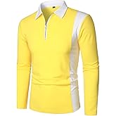 HOOD CREW Mens Long Sleeve Polo Shirts Fashion Color Block Zipper T Shirts