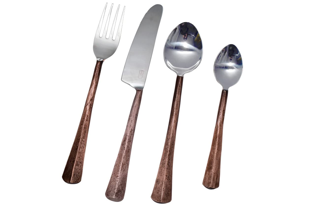 Bold & Divine Ridge Copper Designed 4pcs Flatware Cutlery Set | Copper & Silver | Premium Stainless Steel Cutlery Set | Solid Stainless Steel Flatware