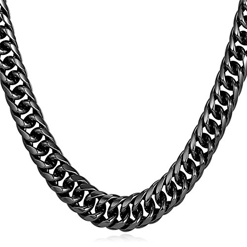 U7 Men Thick Chunky Necklace 18K Stamp Street Hiphop Style Jewelry 9MM Wide  Long Fashion Gun Black Metal Plated Franco Cuban Curb Chain 30 Inch