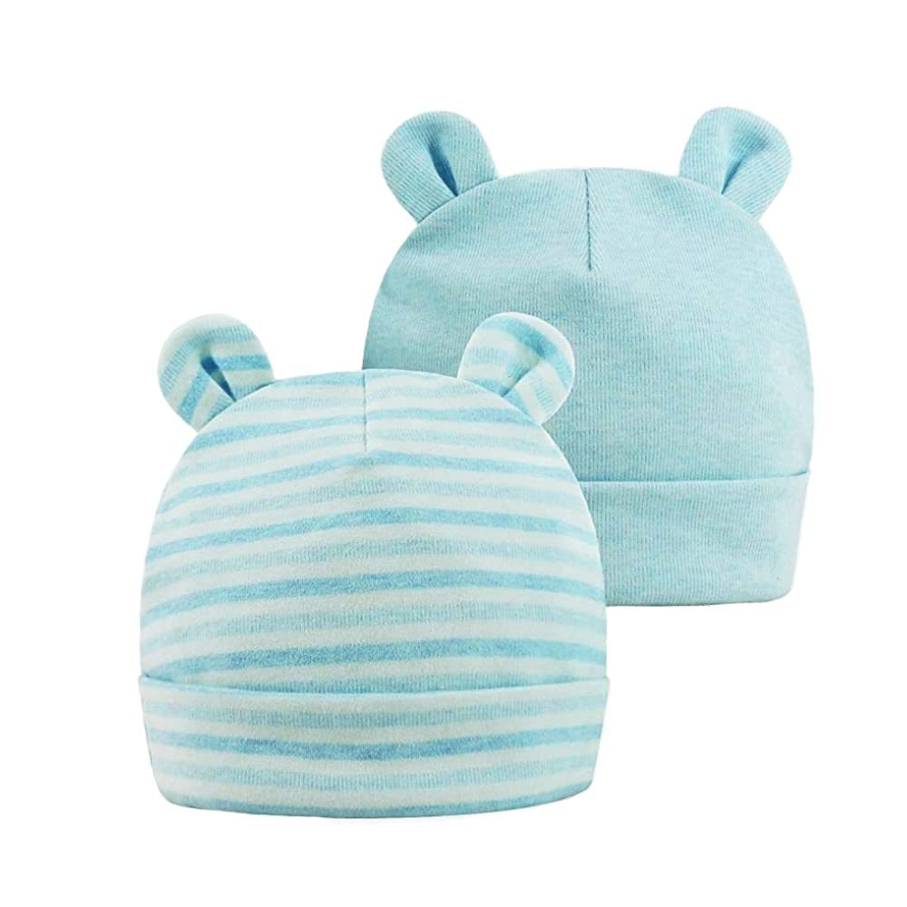 Baby Beanie Hats Newborn Hosptial Hat with Cute Bear Ears Toddler Warm Cap for Autumn Winter 0-6 Months Baby Boy Girl, 2 Pack Blue