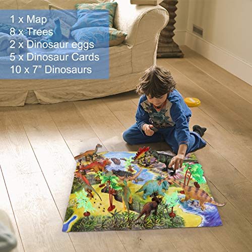 Auney Dinosaur Set Dinosaur Toys for Boys and Girls 3 Years Old & Up - Realistic Looking 6" Dinosaurs, Pack of 10 Animal Dinosaur Figures with 8 Trees，2 Cute Dinosaur Eggs, 5 Dinosaur Cards and a Map - Thumbnail 6
