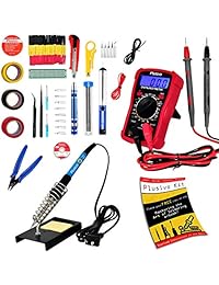 Kit de soldador: soldador de 60 W de temperatura ajustable, multímetro digital, cortador de alambre, soporte, juego de puntas de soldador, bomba de desoldar, mecha de soldadura, pinzas, resina, cable   [110 V, enchufe de EE. UU.]