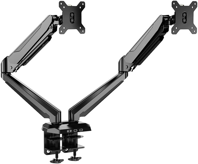 GT Innovation Dual Motion Monitor Arm Mount Height Adjustable Computer Monitor Stand Riser with C Clamp Gas Spring Cable Management for Monitors up to 27 Inch