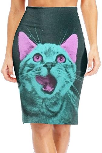 WANING MOON Women's Cute Cat Sky High Waist Slim Skirt Office Pencil Dress for Women Length