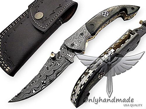 OHM-052 Custom Handmade Damascus Steel Folding Knife - Beautiful Camel Bone Handle with Damascus Steel Bolsters. Knife is durable