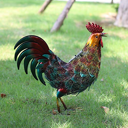 Kircust Garden Solar Metal Rooster Statue Lights Yard Art Decor, Outdoor Standing Chicken Sculpture LED Light Patio Lawn Walkway Backyard and Home Decoration, Multicolor, 16.74-Inch