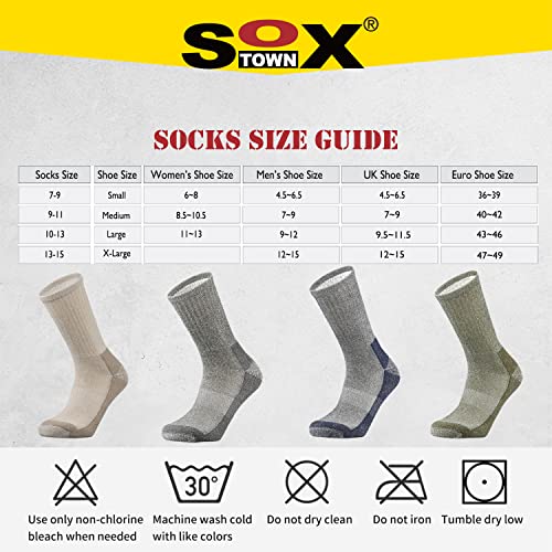 SOX TOWN Merino Wool Moisture Wicking Outdoor Hiking Hiker Cushion Crew Socks for Men 4 Pack