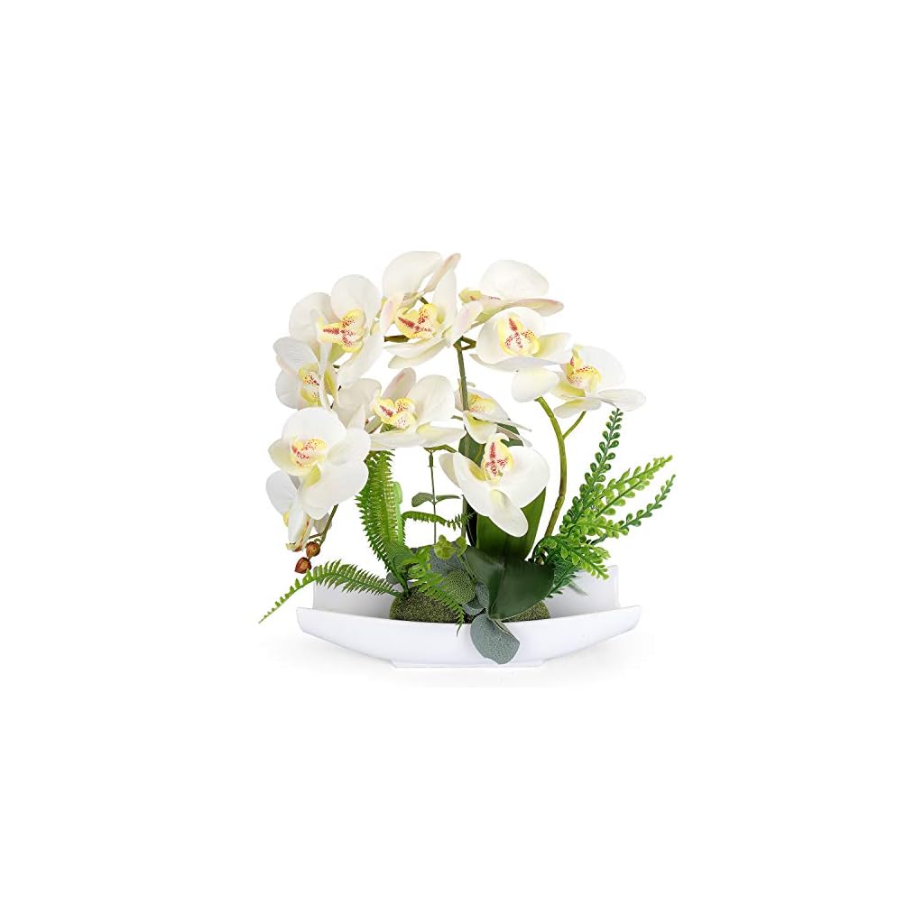 Yobansa Orchid Bonsai Artificial Flowers With Imitation Porcelain Flower Pots Phalaenopsis Fake Flowers Arrangements For Home Decoration White 1 Silk Flower Arrangements