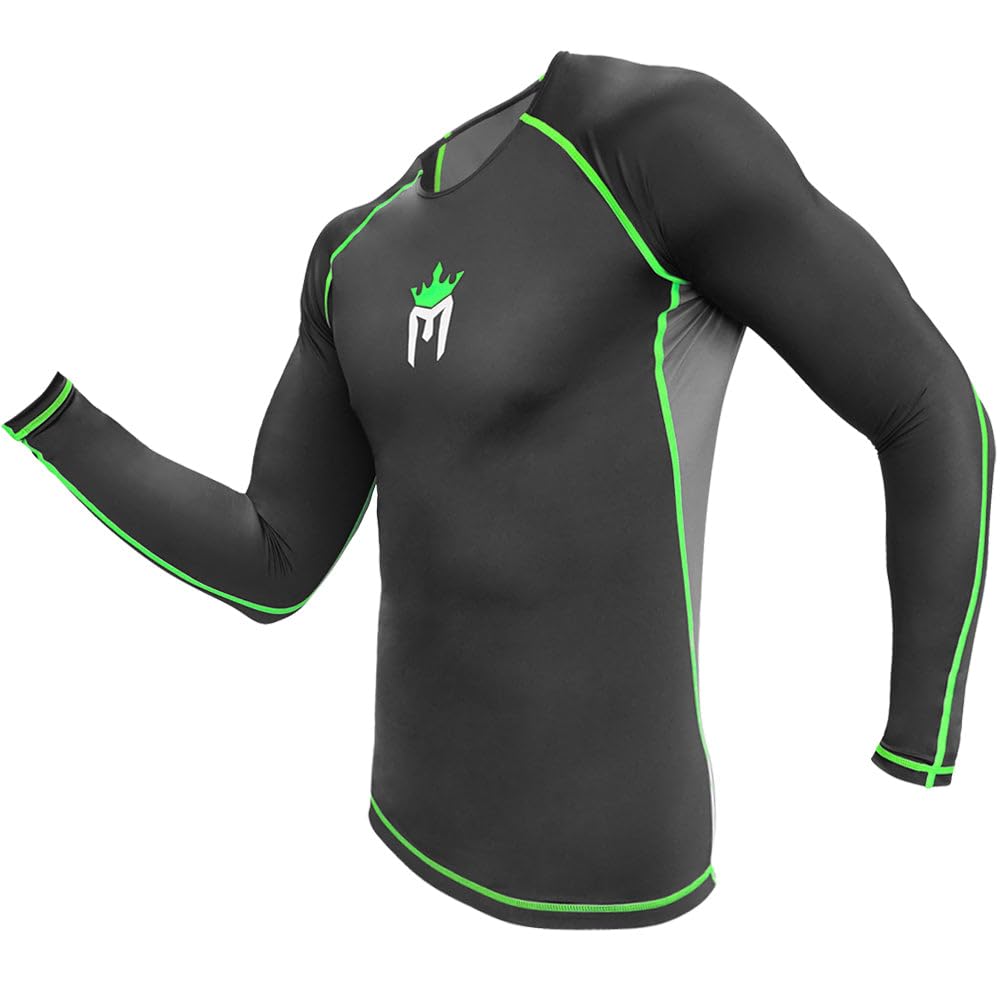 Meister Rush Premium Long-Sleeve Rash Guard for MMA, BJJ & Diving - Black/Neon Green - Large
