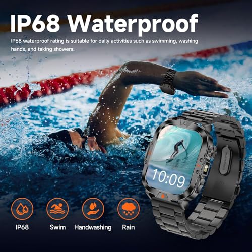 Uniiking® Military Smart Watches for Men, 2.01" Rugged Tactical Smartwatch with LED Strong Light, 400mAh, IP68 Waterproof Fitness Tracker with Compass, 100+ Sports Modes for Android iOS (2 Straps)