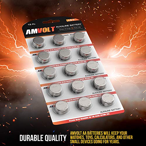 AmVolt Pack of 15 LR44 Batteries AG13A76 Battery, Premium Alkaline