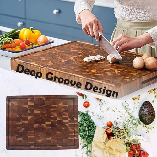 Tabla para picar cocina de madera 40 × 30 × 3 cm, con canal para jugos y asa, ideal para carne, verduras y frutas, diseño a cuadros, madera natural y dura, fácil de limpiar