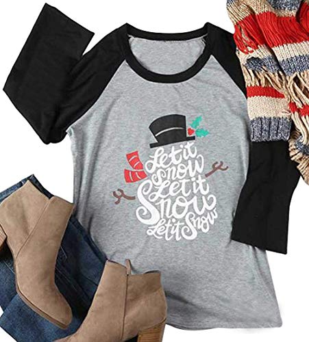 Let It Snow Christmas Holiday Snowman T-Shirt Womens Funny O-Neck Tops Raglan Size L (Black)