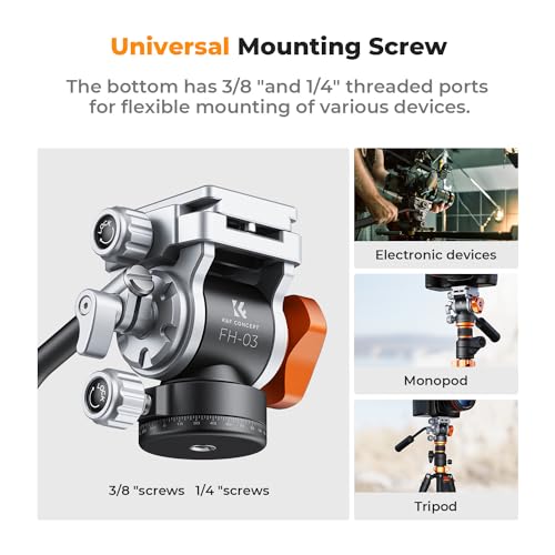 K&F CONCEPT Tripod Fluid Head with Flexible 360° Pan & +90°/-90° Tilt, Arca Swiss Metal QR-Plate with 1/4" Screw, Bottom 1/4"+3/8" Thread Hole, Load Capacity 11lbs/5kg