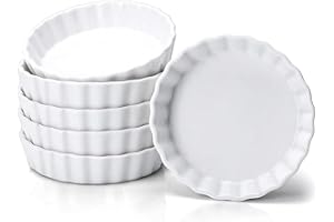 Taeochiy 8 Oz Creme Brulee Ramekins, Porcelain Ramekins Oven Safe, Round Tart Pan Mini Fluted Quiche Dishes, Set of 6, White