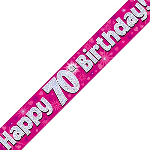 British Ballet® 70th Happy Birthday Banner Pink (2.7m x 13cm) • Decoration for Grandma’s 70th Birthday • Holographic Design • Birthday Supply • Foil Pennant for Indoor & Outdoor Use — image 1