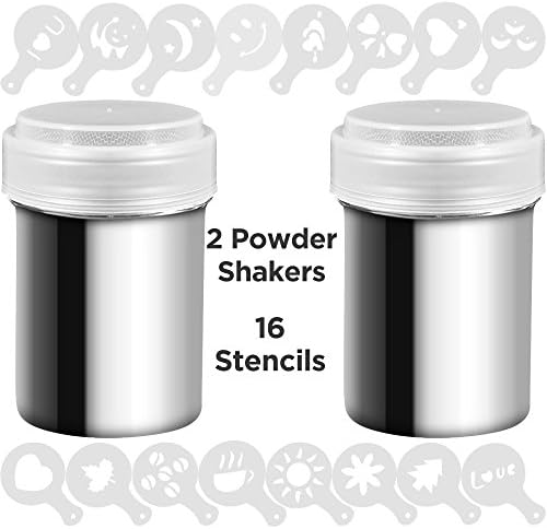 Icasa Moon Coffee Powder Shakers 2 Pack &amp; Stencils 16 Pack, Latte Cappuccino Decorating Printing Tool, Cocoa Cinnamon Matcha Salt Pepper Dredger Dusters Shaking Kit