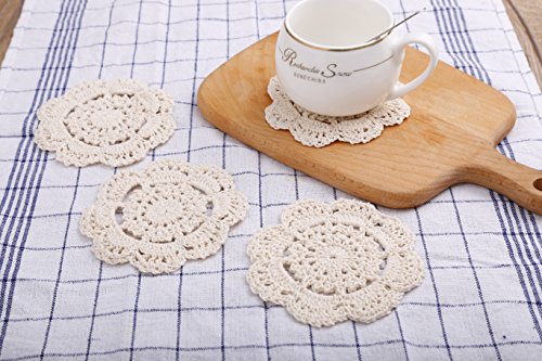 Phantomon Lace Round Crochet Doilies Handmade Coasters, 4-Inch, Pack of 4 (Beige) - Thumbnail 2