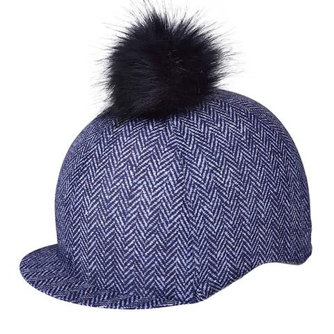 Elico Lycra Riding Hat or Skull Cap Cover - Navy Blue Tweed Design with Pom Pom, One Size