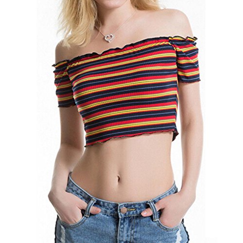 Click Here to See More Images NREALY Women Casual Colorful Stripe O-Neck T-Shirt Short Sleeve Tops Blouse Tunic